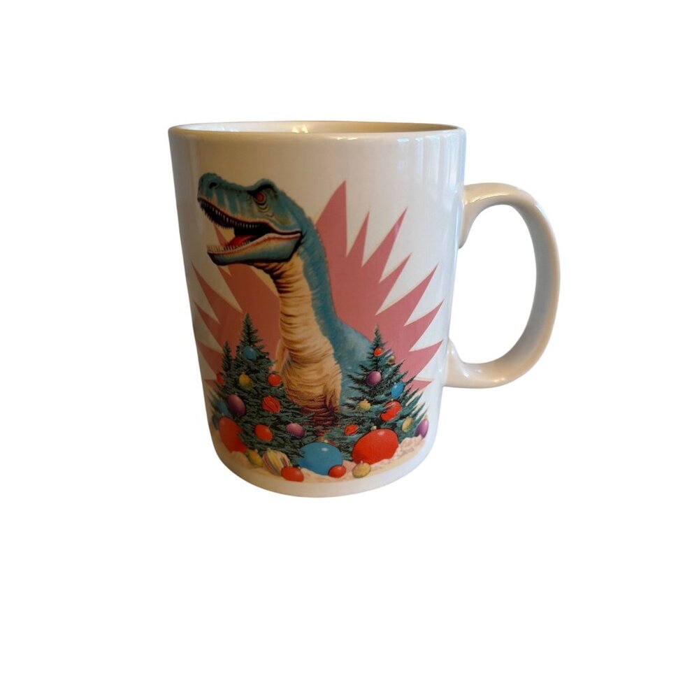 Dinosaur Themed Ceramic Mug With Pink Background & Christmas Design